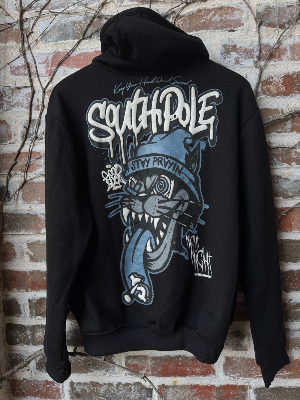 Vintage Southpole Y2K Graphic Hoodie Black Cat Stay Provin Streetwear Men's M